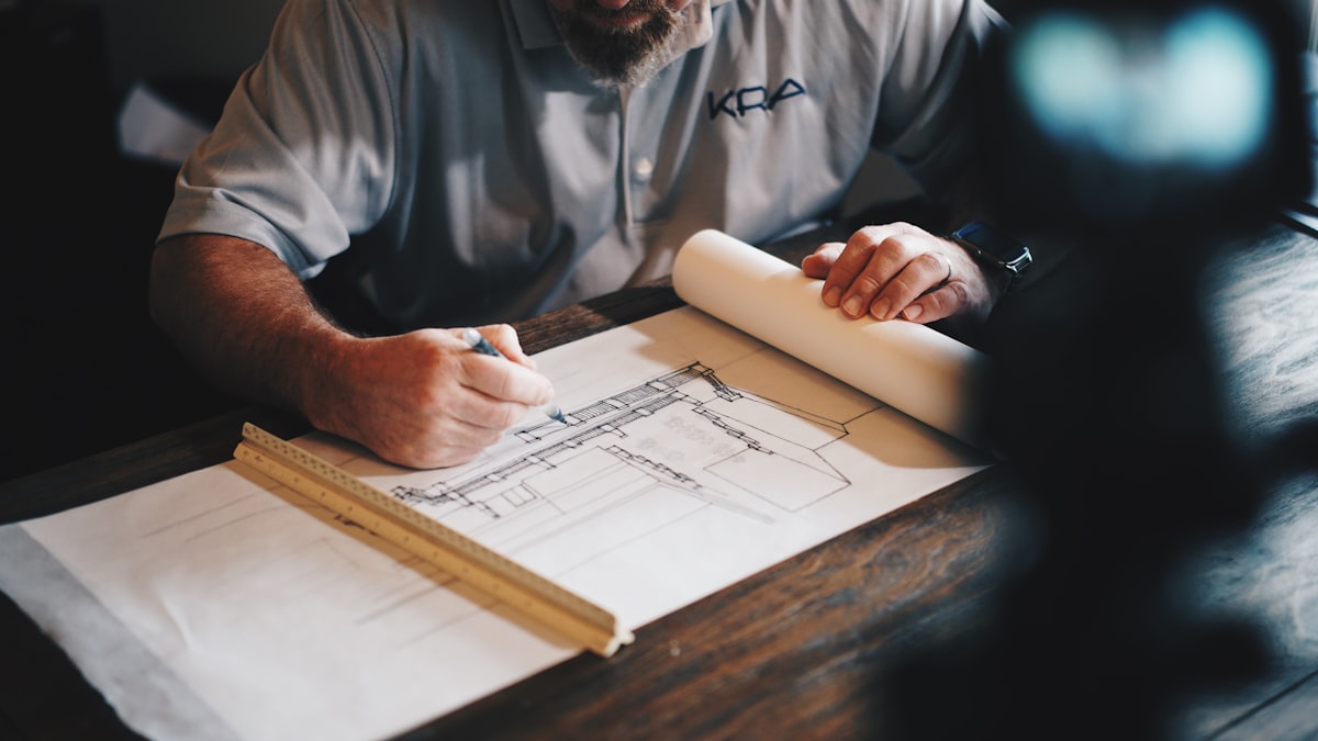 Architekturpläne und Zeichenwerkzeug auf dem Arbeitstisch im Architekturbüro